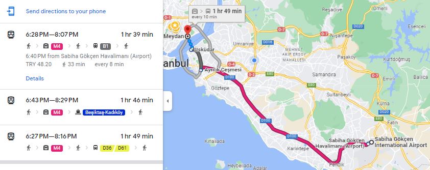 Sabiha airport to Besiktas by Metro